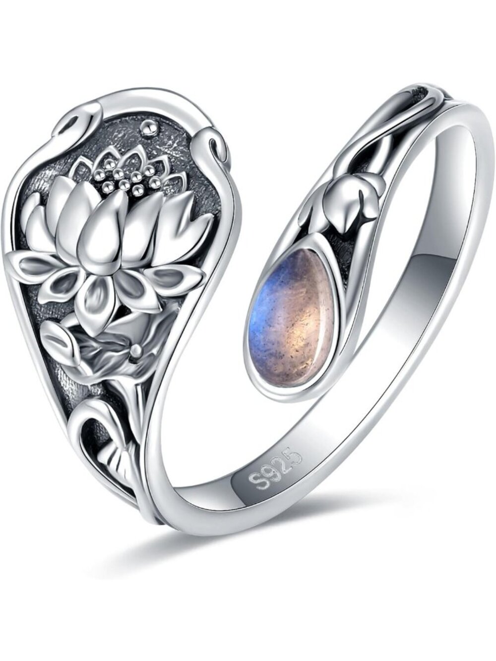 Vintage Boho Abalone Dragonfly Spoon Ring - S925 Sterling Silver Floral Wrap